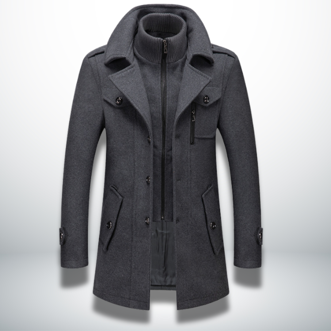 Men's grey smart-casual coat with zip front and flap pockets