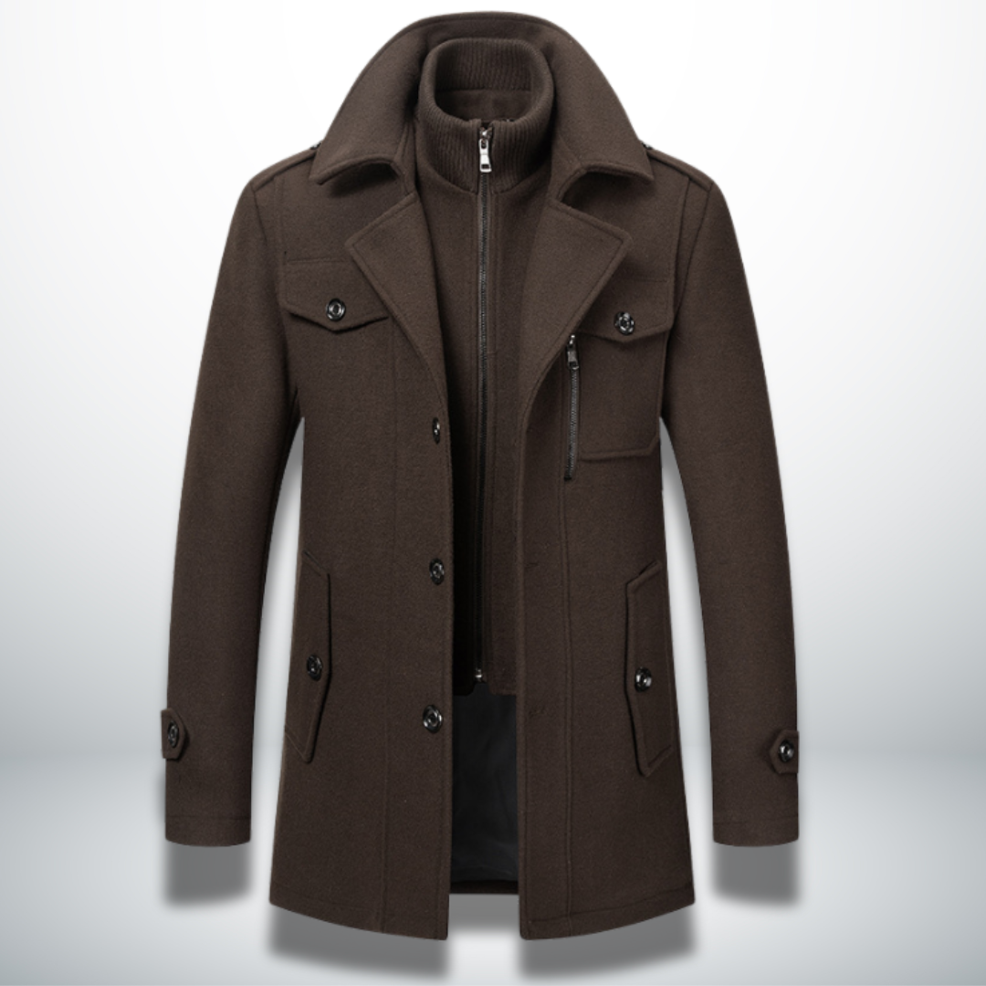 Men's brown smart-casual coat with zip front and flap pockets