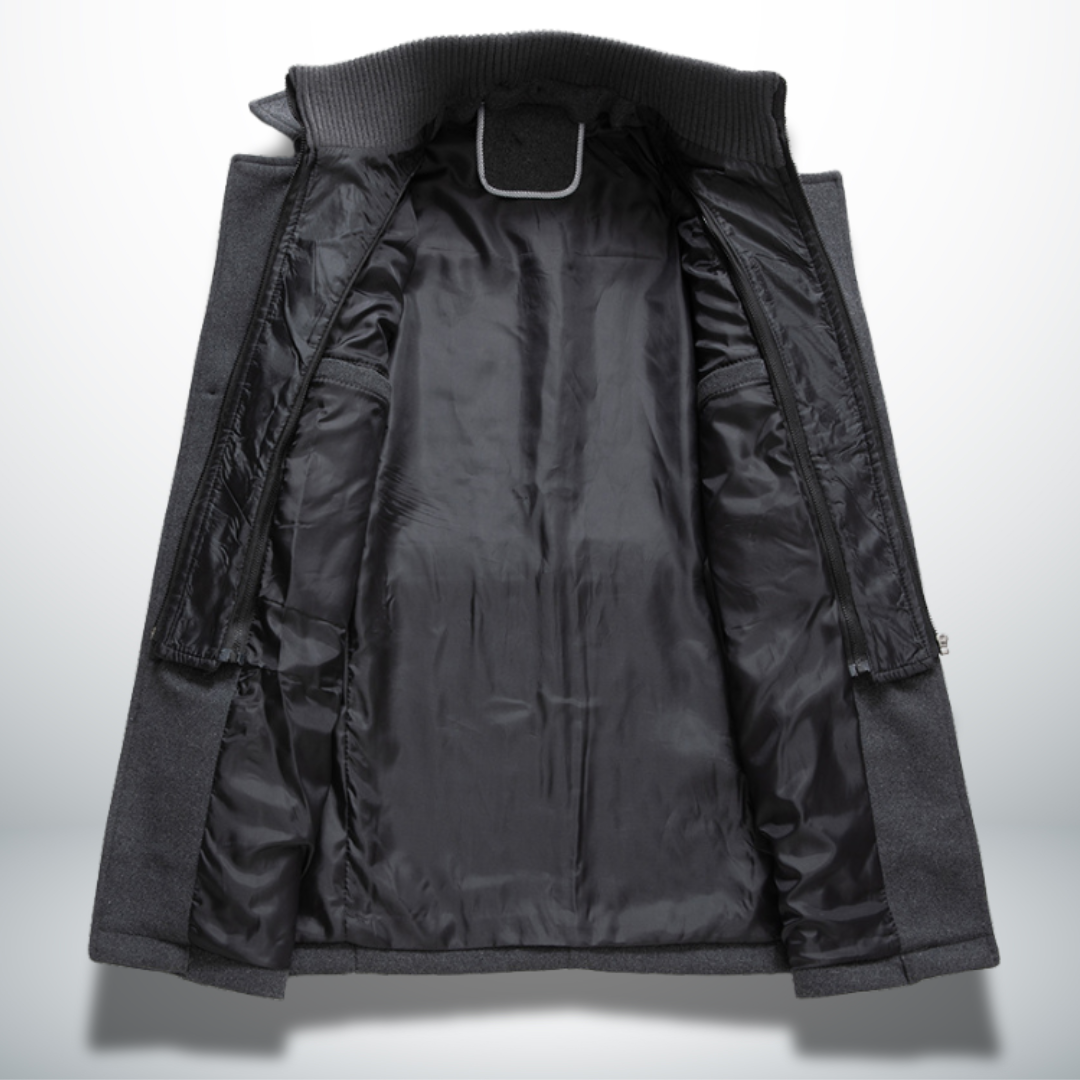 Men's dark smart-casual coat interior lining, open front showing quilted panels