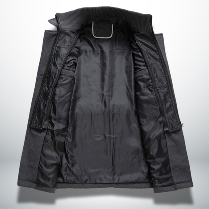 Men's dark smart-casual coat interior lining, open front showing quilted panels