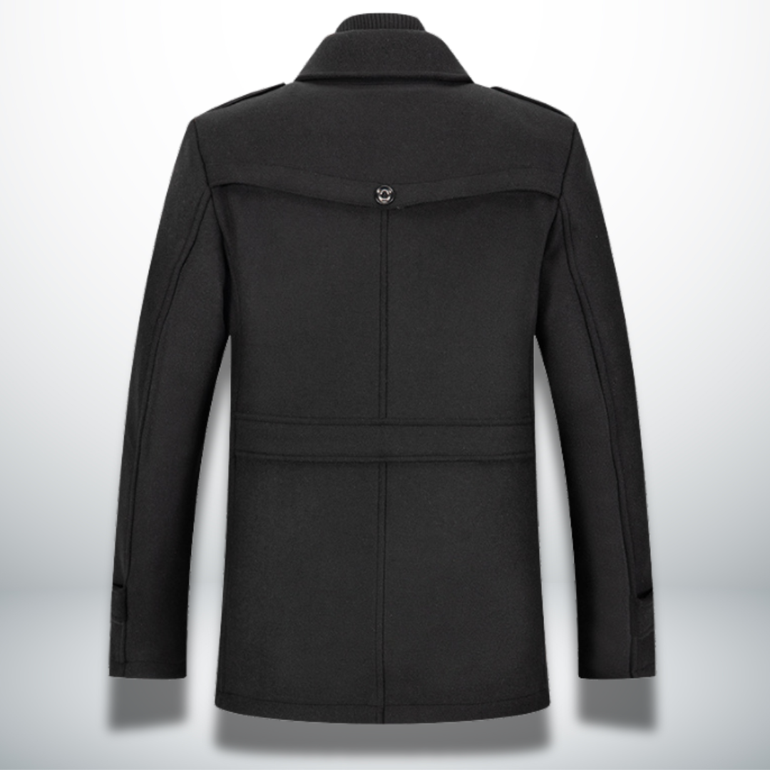 Men's black smart-casual coat back view with center seam and button detail