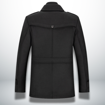 Men's black smart-casual coat back view with center seam and button detail