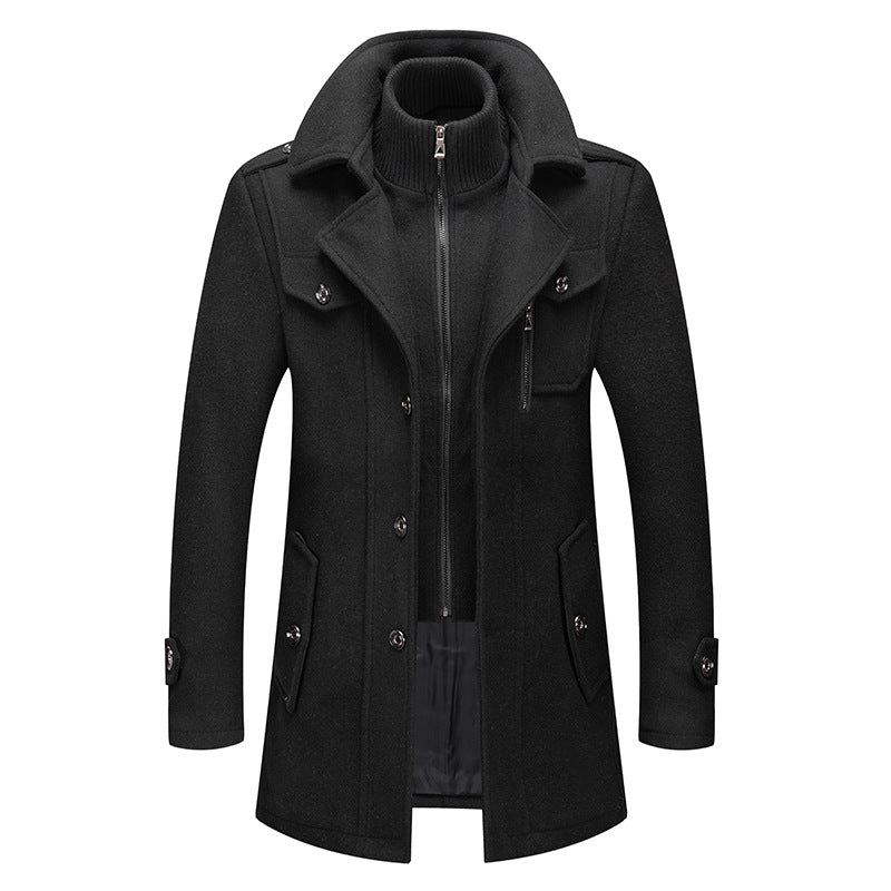 Men’s black wool coat with stand-up collar, zip front, and buttoned flap pockets