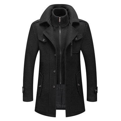 Men’s black wool coat with stand-up collar, zip front, and buttoned flap pockets