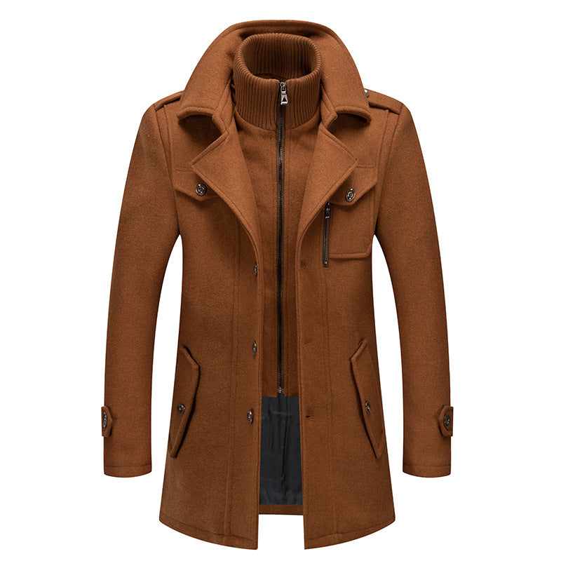 Men’s brown wool coat with stand-up collar, zip front, and buttoned flap pockets
