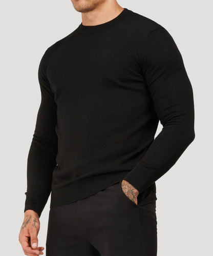 Black fine-knit roll-neck sweater, long sleeves, side view