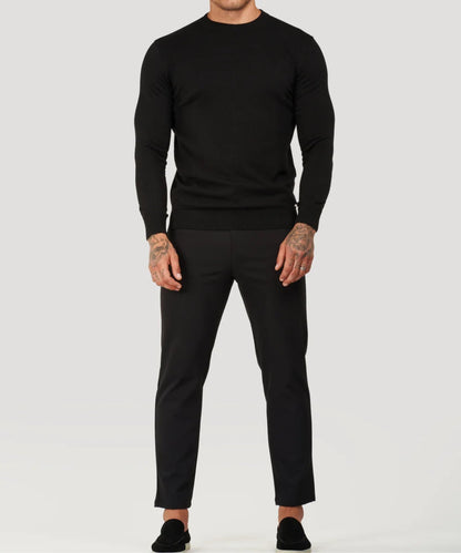 Black fine-knit roll-neck sweater, full front view with long sleeves