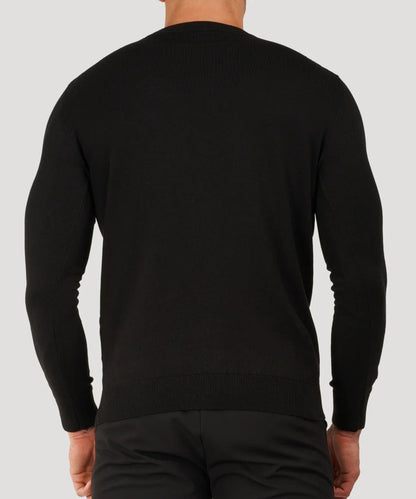 Black fine-knit roll-neck sweater, back view