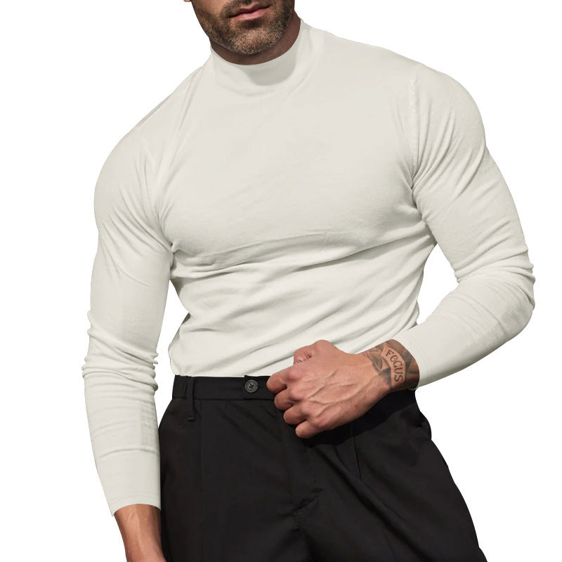 White fine-knit roll-neck sweater with long sleeves and ribbed hem