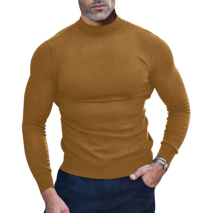 Brown fine-knit roll-neck sweater with long sleeves