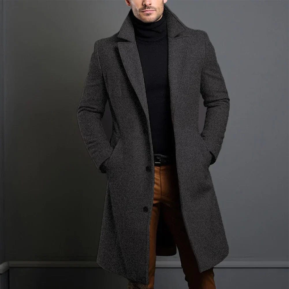 Men's faux wool long coat in dark grey, notched lapel, single-breasted button front