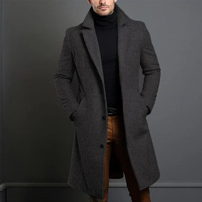 Men's faux wool long coat in dark grey, notched lapel, single-breasted button front