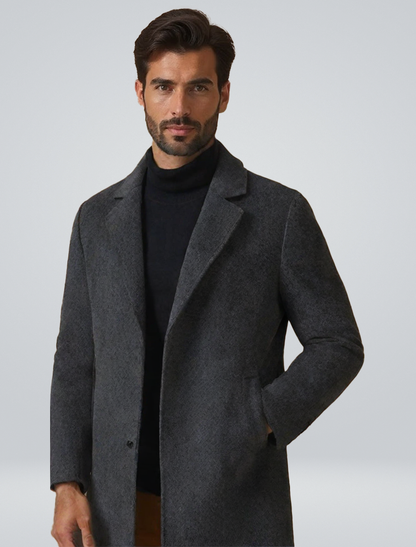Men's faux wool long coat in dark grey, notched lapels, side pockets, button front