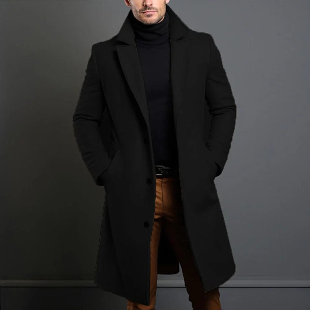 Men's faux wool long coat in black, notched lapels, single-breasted button front