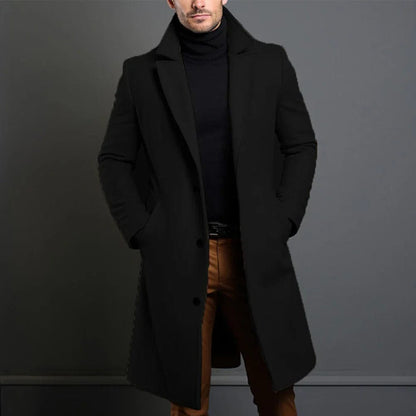 Men's faux wool long coat in black, notched lapels, single-breasted button front