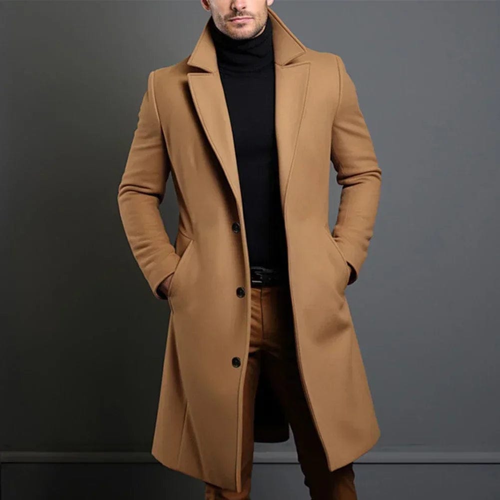 Men's faux wool long coat in beige, notched lapels, single-breasted button front
