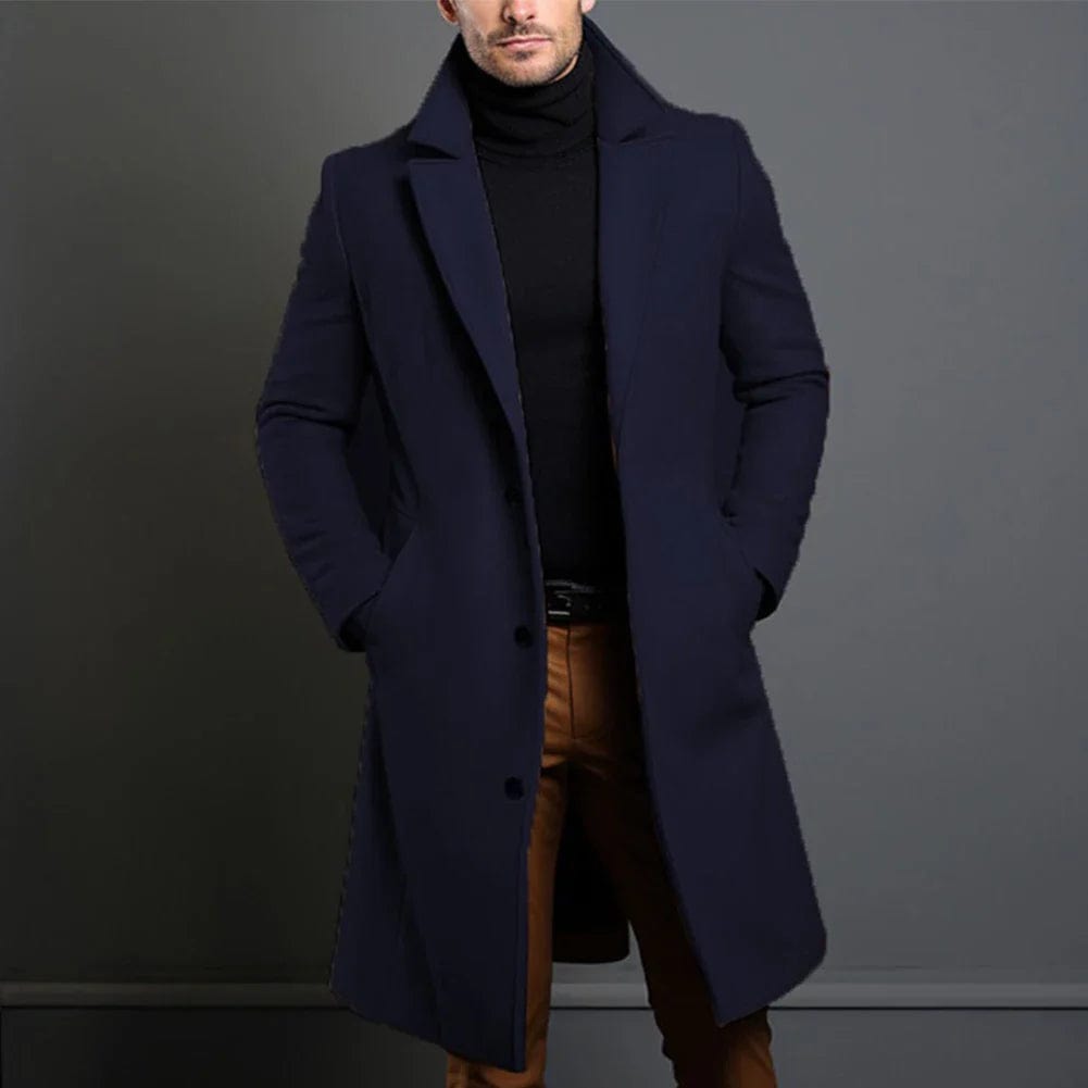 Men's faux wool long coat in dark blue, notched lapels, single-breasted button front