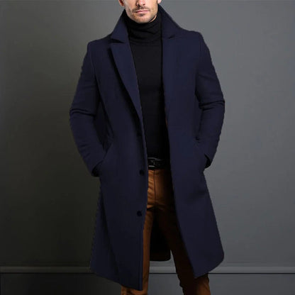 Men's faux wool long coat in dark blue, notched lapels, single-breasted button front