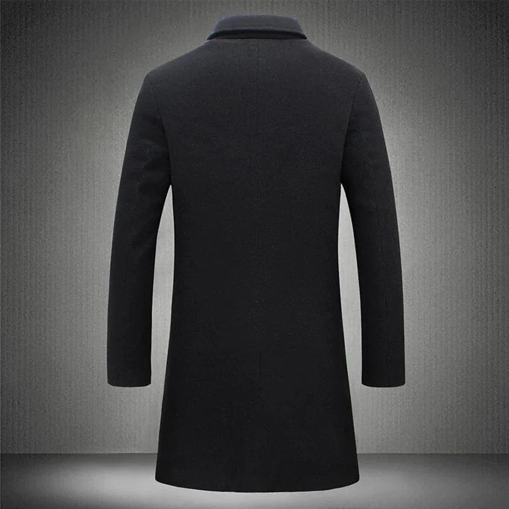 Men's faux wool long coat back view in black, smooth hem, long sleeves