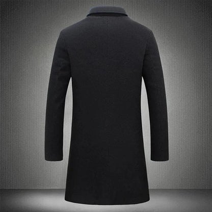 Men's faux wool long coat back view in black, smooth hem, long sleeves