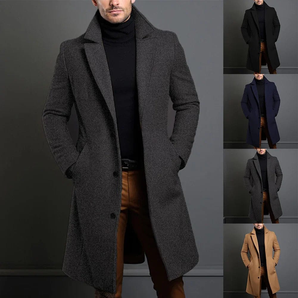 Men's faux wool long coat in dark grey, notched lapels, single-breasted button front