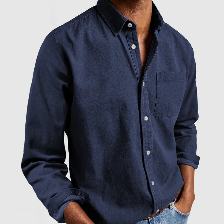 Navy long-sleeve button-up shirt with point collar and chest pocket