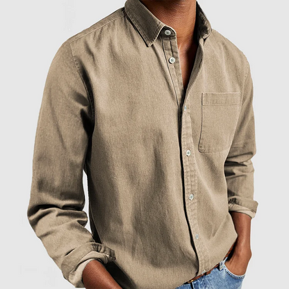 Khaki long-sleeve button-up shirt with point collar and chest pocket