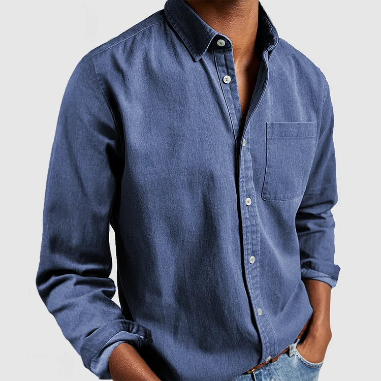 Blue long-sleeve button-up shirt with point collar and chest pocket