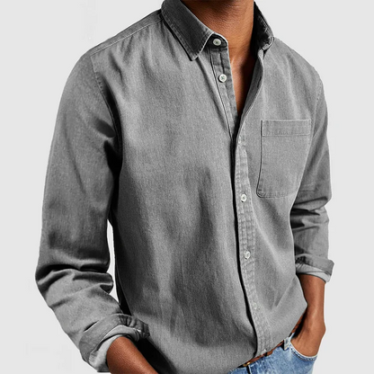 Grey long-sleeve button-up shirt with point collar and chest pocket