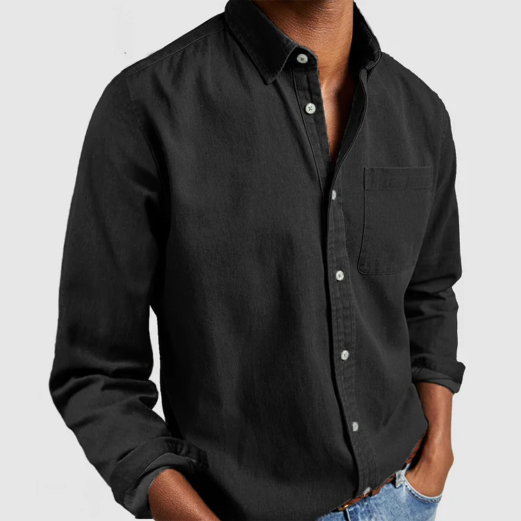 Black long-sleeve button-up shirt with point collar and chest pocket