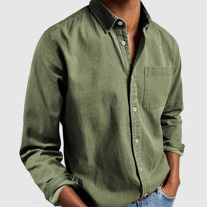 Green long-sleeve button-up shirt with point collar and chest pocket