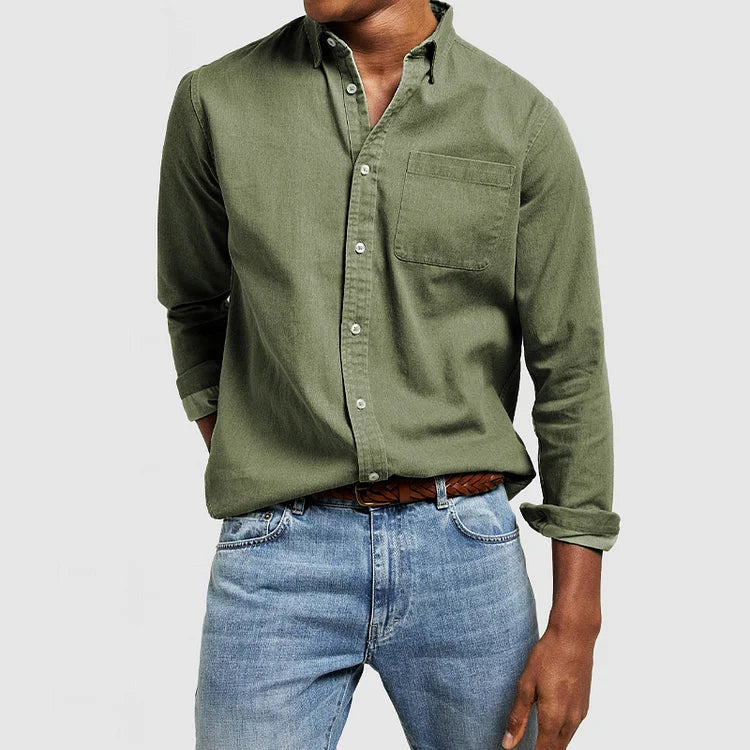 Olive green long-sleeve button-up shirt with point collar and chest pocket