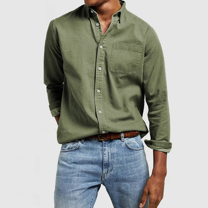Olive green long-sleeve button-up shirt with point collar and chest pocket