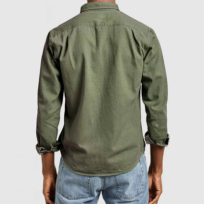 Olive green long-sleeve button-up shirt back view with full sleeves