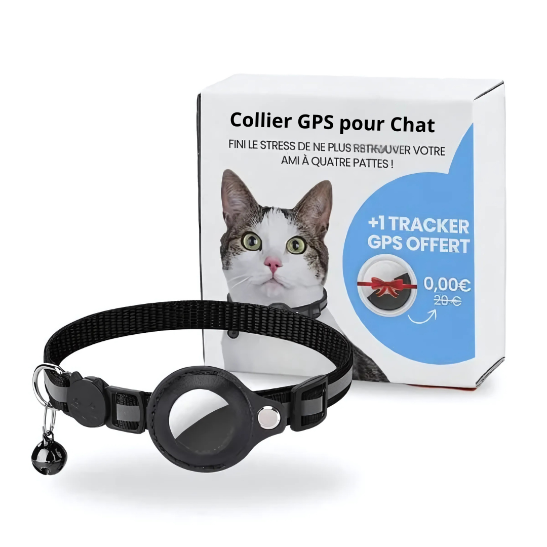 Black cat GPS tracker collar with adjustable strap and round tracker module