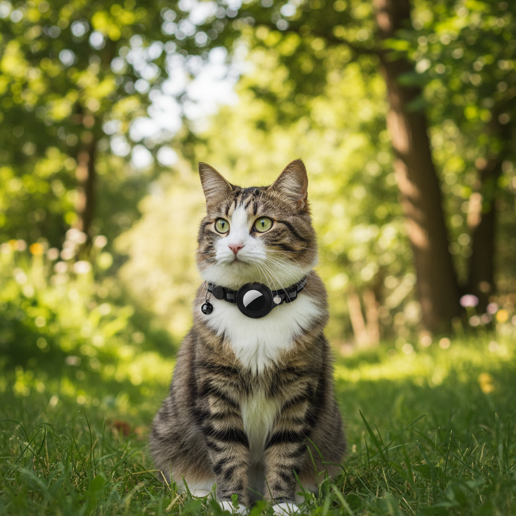 Cat wearing black GPS tracker collar with round tracker module