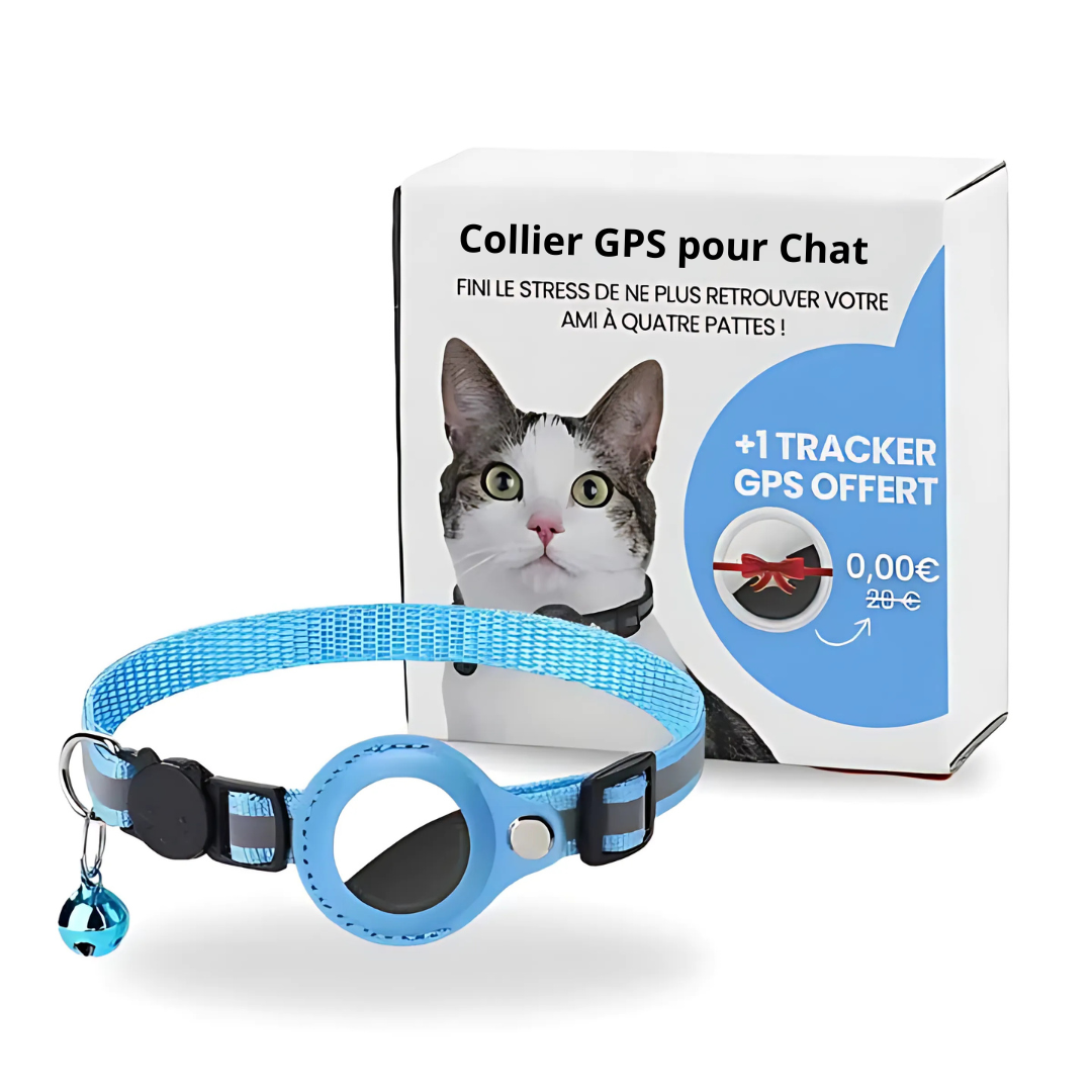 Blue cat GPS tracker collar with adjustable strap, round tracker module, bell