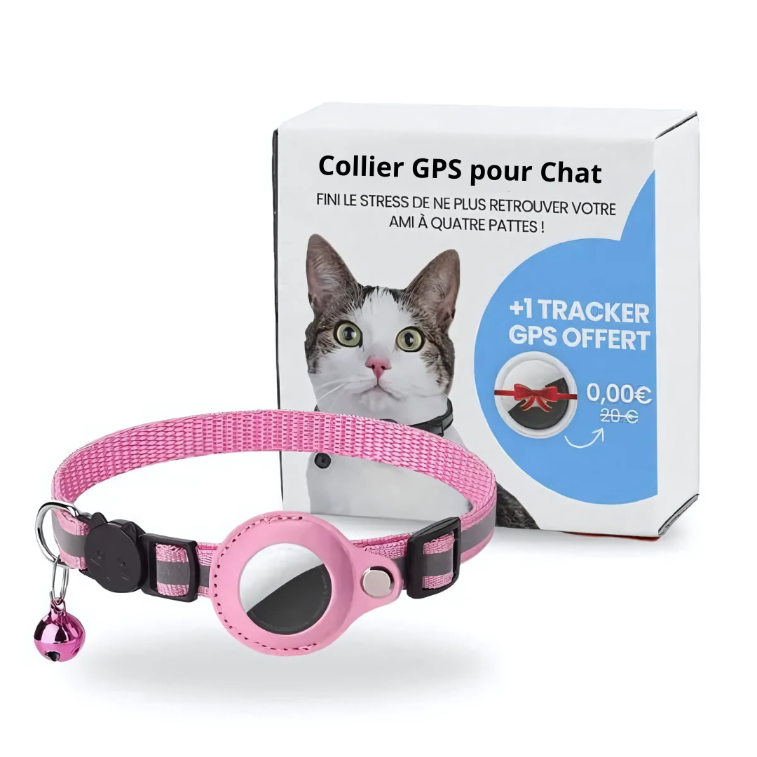 Pink cat GPS tracker collar with adjustable strap, round tracker module, bell