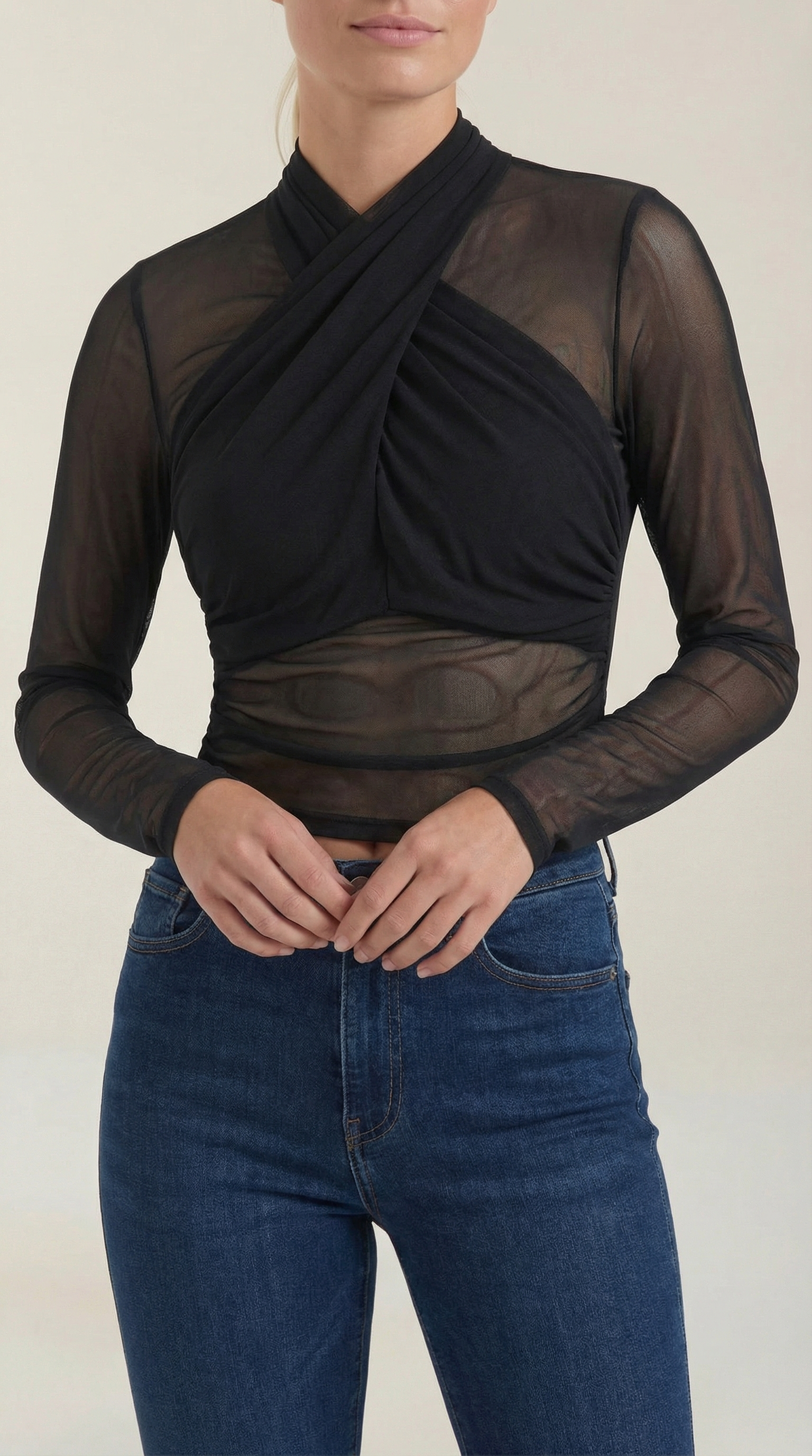 Black sheer wrap mesh top with crisscross neckline and ruched waist