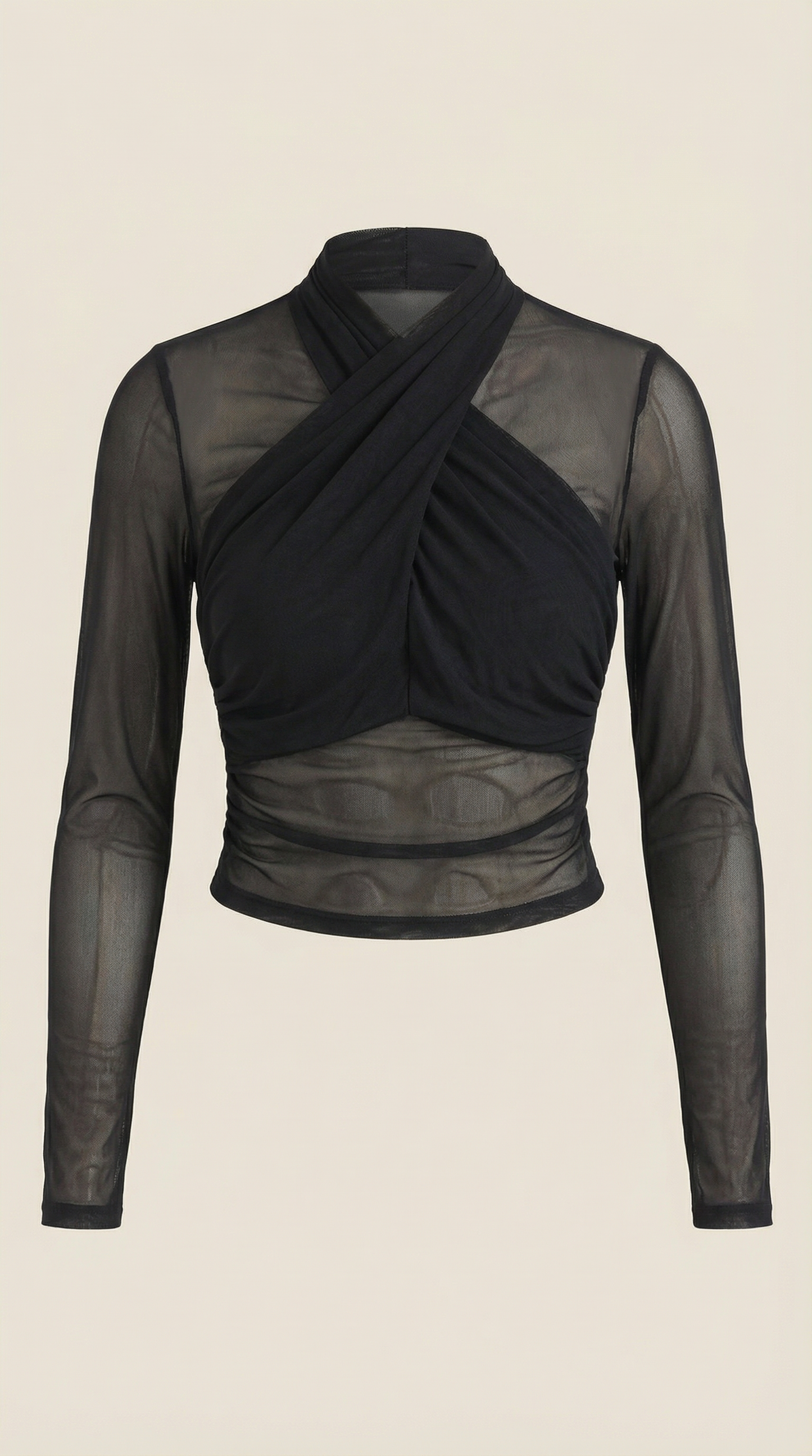 Black sheer wrap mesh top on mannequin, long sleeves and crossed wrap front