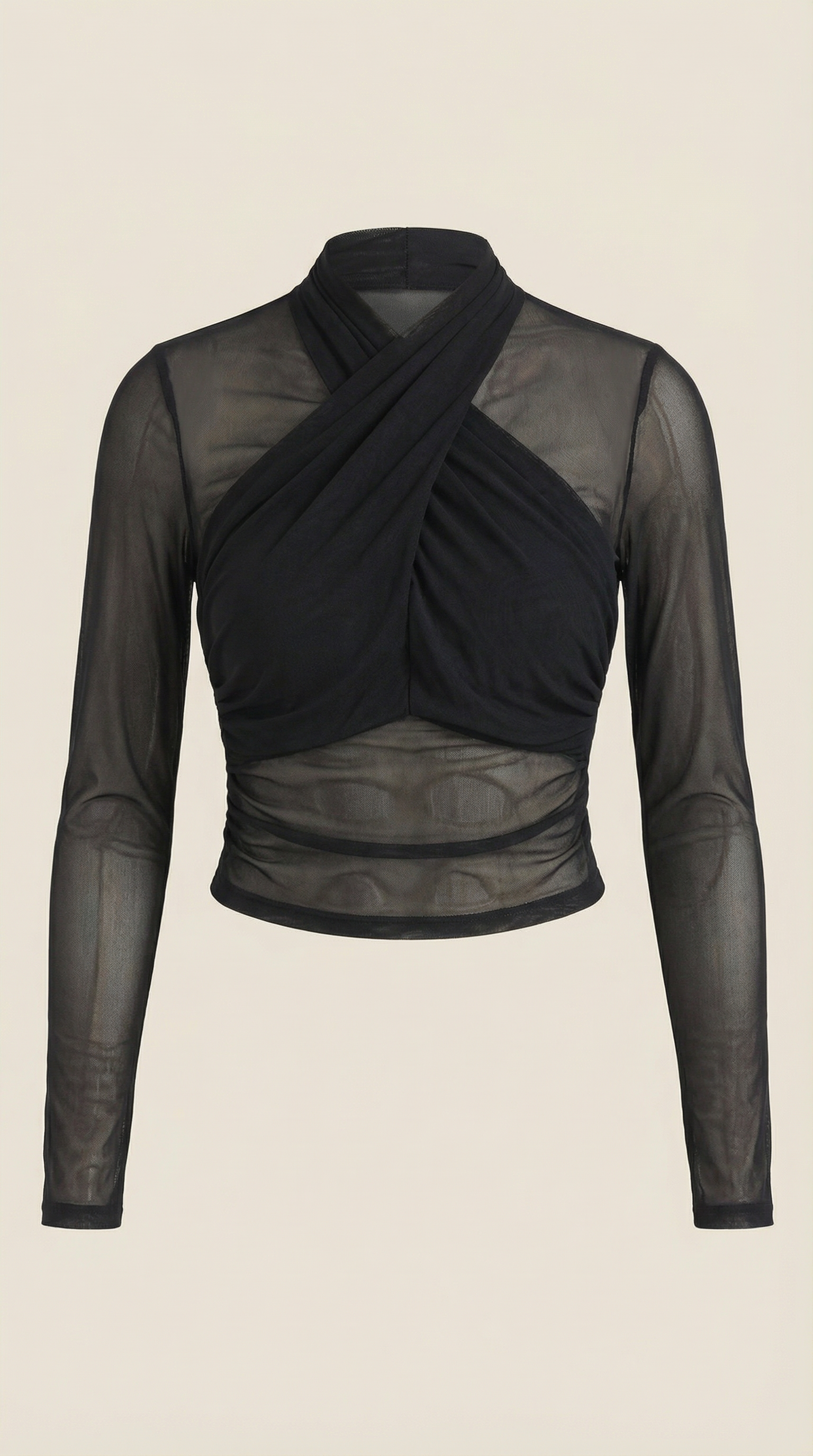 Black sheer wrap mesh top on mannequin, long sleeves and crossed wrap front