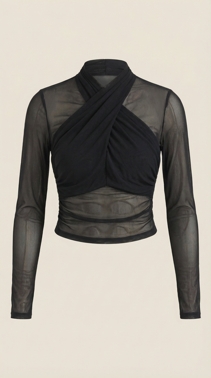Black sheer wrap mesh top on mannequin, long sleeves and crossed wrap front