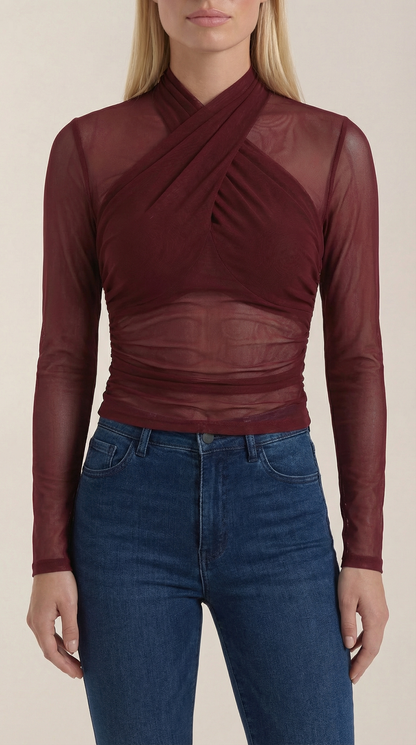 Burgundy sheer wrap mesh top with crisscross neckline and ruched middle