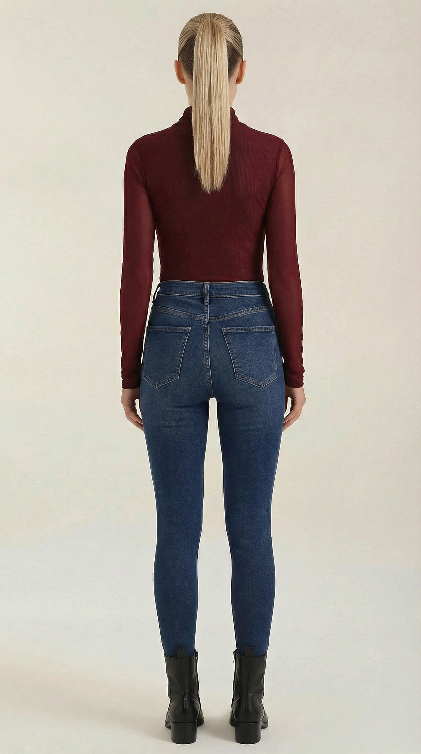 Burgundy sheer wrap mesh top, back view with long sleeves and mesh texture