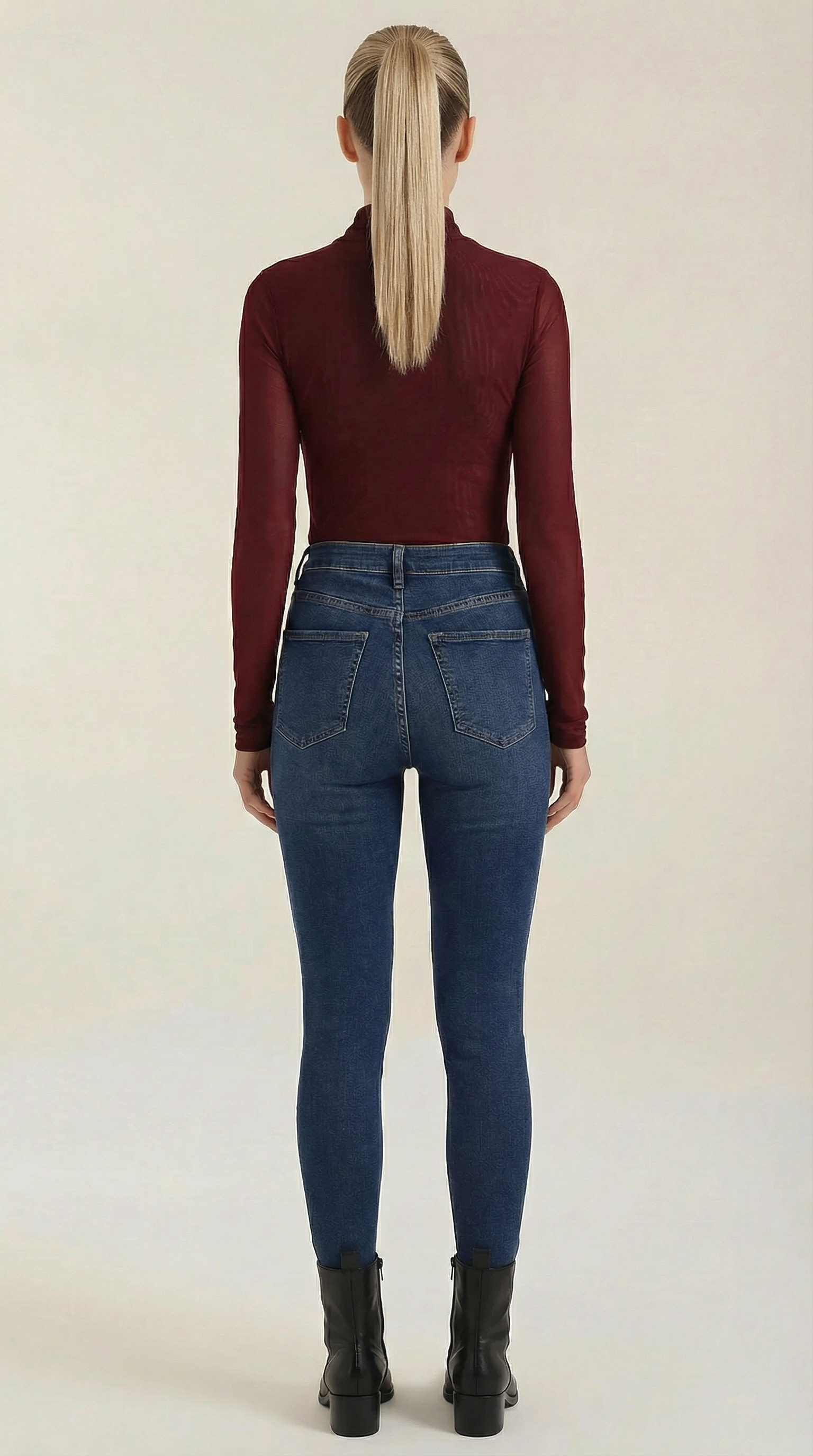 Burgundy sheer wrap mesh top, back view with long sleeves and mesh texture