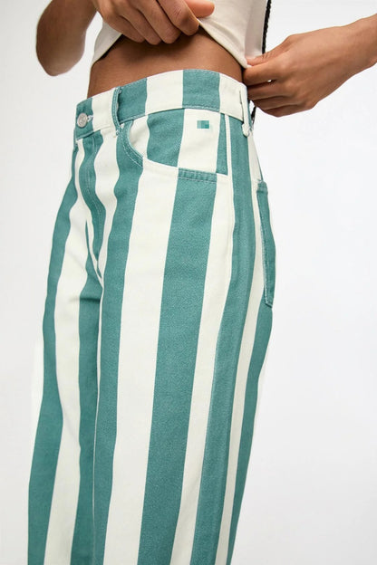 Green and White Striped Straight-Leg Trousers