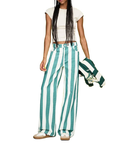 Green and White Striped Straight-Leg Trousers