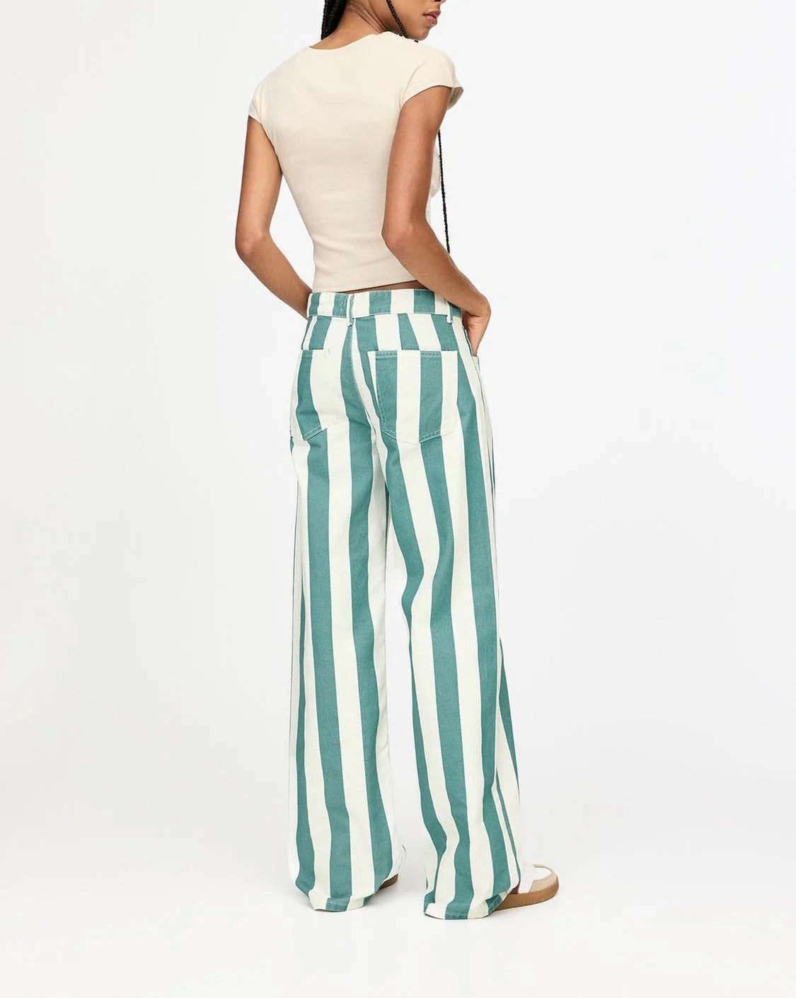 Green and White Striped Straight-Leg Trousers