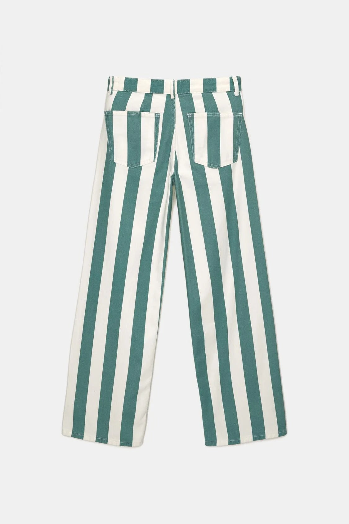 Green and White Striped Straight-Leg Trousers