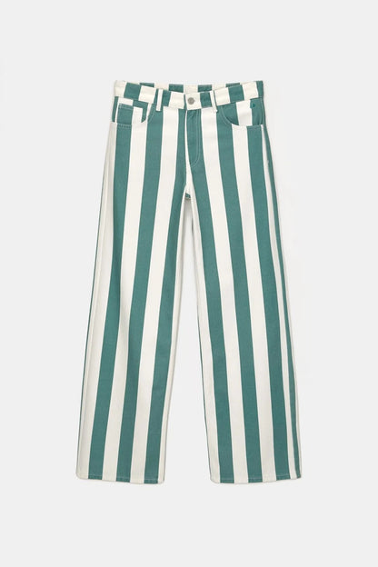 Green and White Striped Straight-Leg Trousers